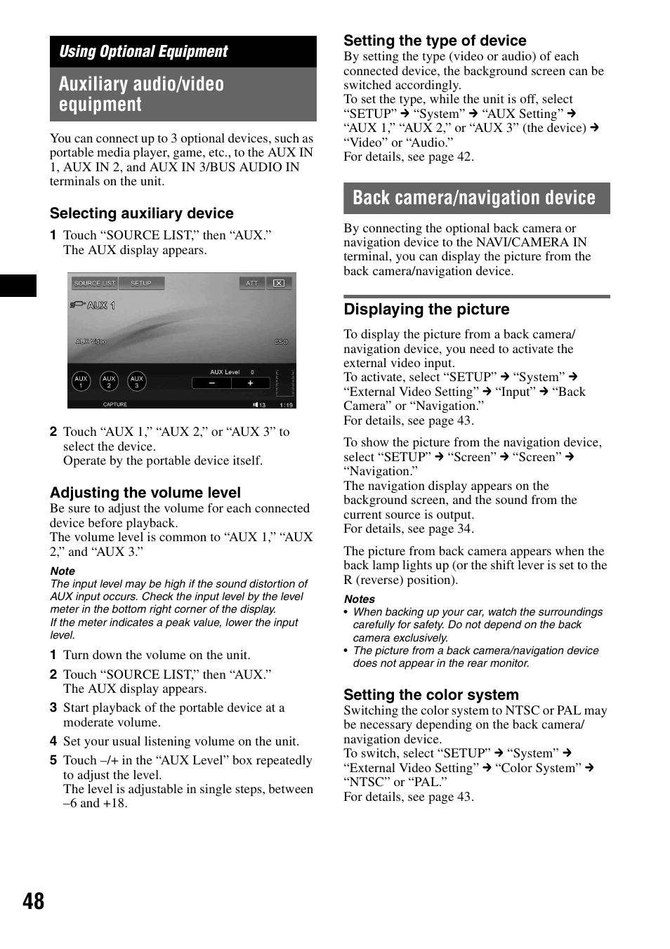 Using optional equipment, Auxiliary audio/video equipment, Back camera/navigation device | Displaying the picture | Sony XAV-W1 User Manual | Page 48 / 196