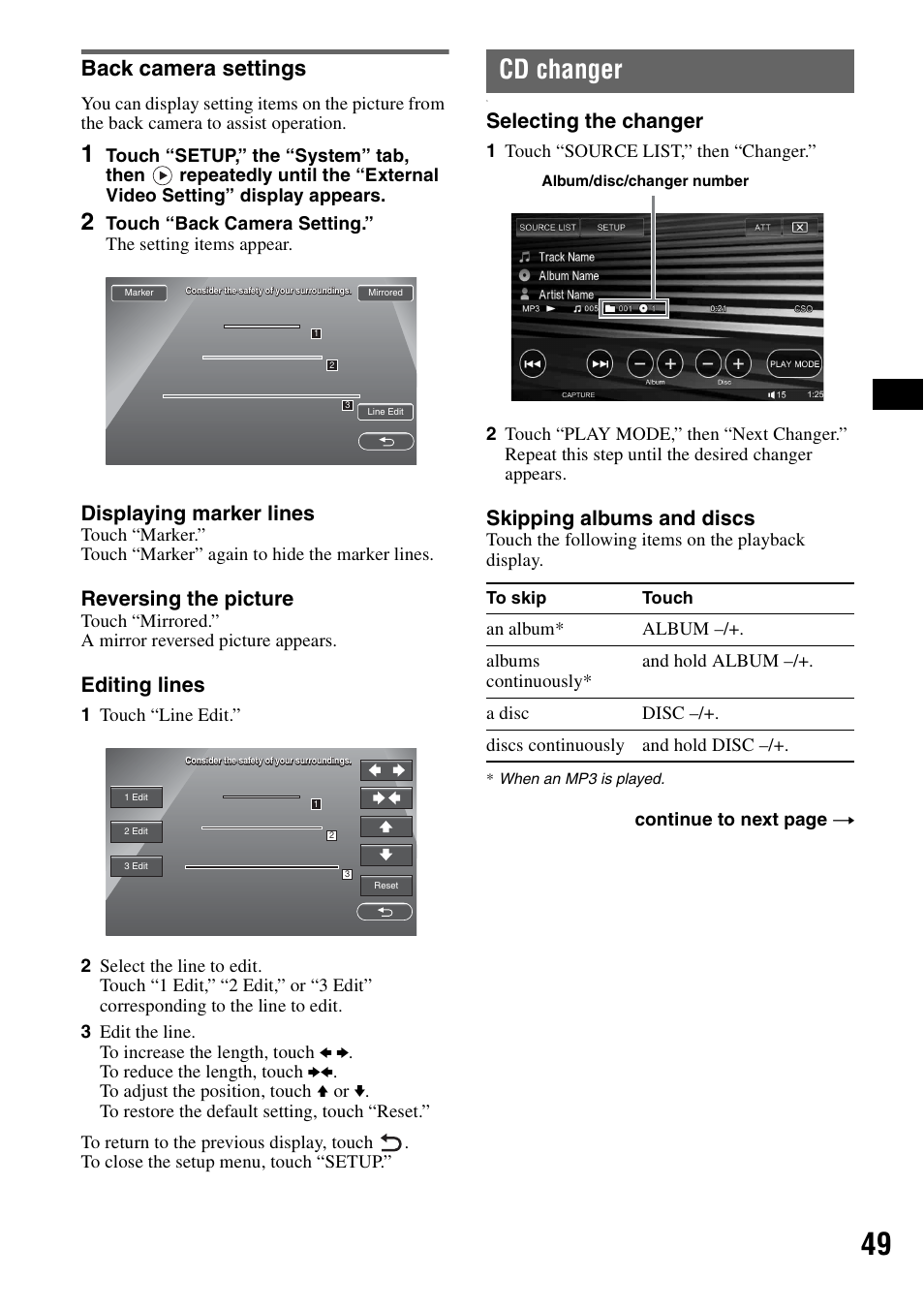 Back camera settings, Cd changer, Displaying marker lines | Reversing the picture, Editing lines, Selecting the changer, Skipping albums and discs | Sony XAV-W1 User Manual | Page 49 / 196