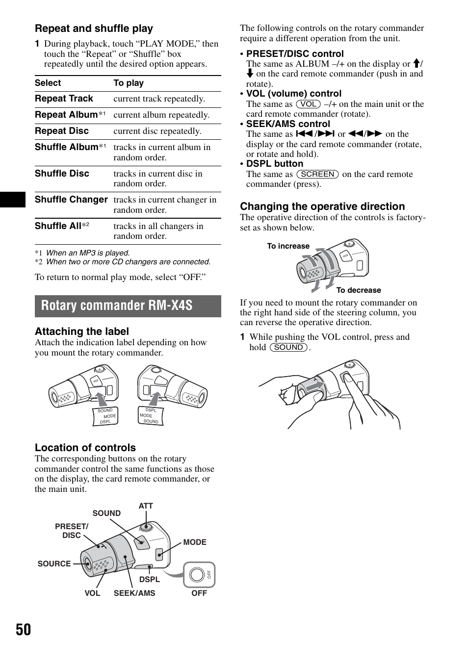 Rotary commander rm-x4s, Repeat and shuffle play, Attaching the label | Location of controls, Changing the operative direction | Sony XAV-W1 User Manual | Page 50 / 196