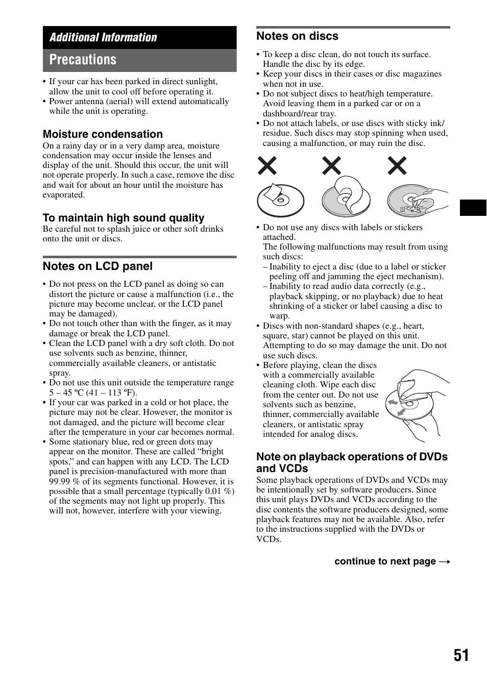 Additional information, Precautions, Notes on lcd panel | Notes on discs, Notes on lcd panel notes on discs | Sony XAV-W1 User Manual | Page 51 / 196