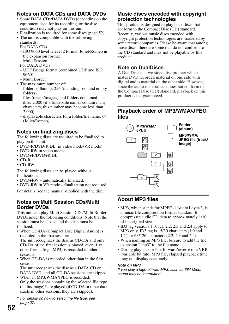 Playback order of mp3/wma/jpeg files, About mp3 files, Playback order of mp3/wma/jpeg | Files about mp3 files | Sony XAV-W1 User Manual | Page 52 / 196