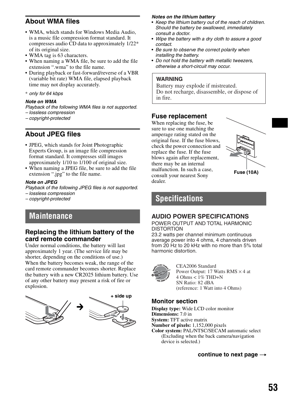 About wma files, About jpeg files, Maintenance | Specifications, About wma files about jpeg files | Sony XAV-W1 User Manual | Page 53 / 196