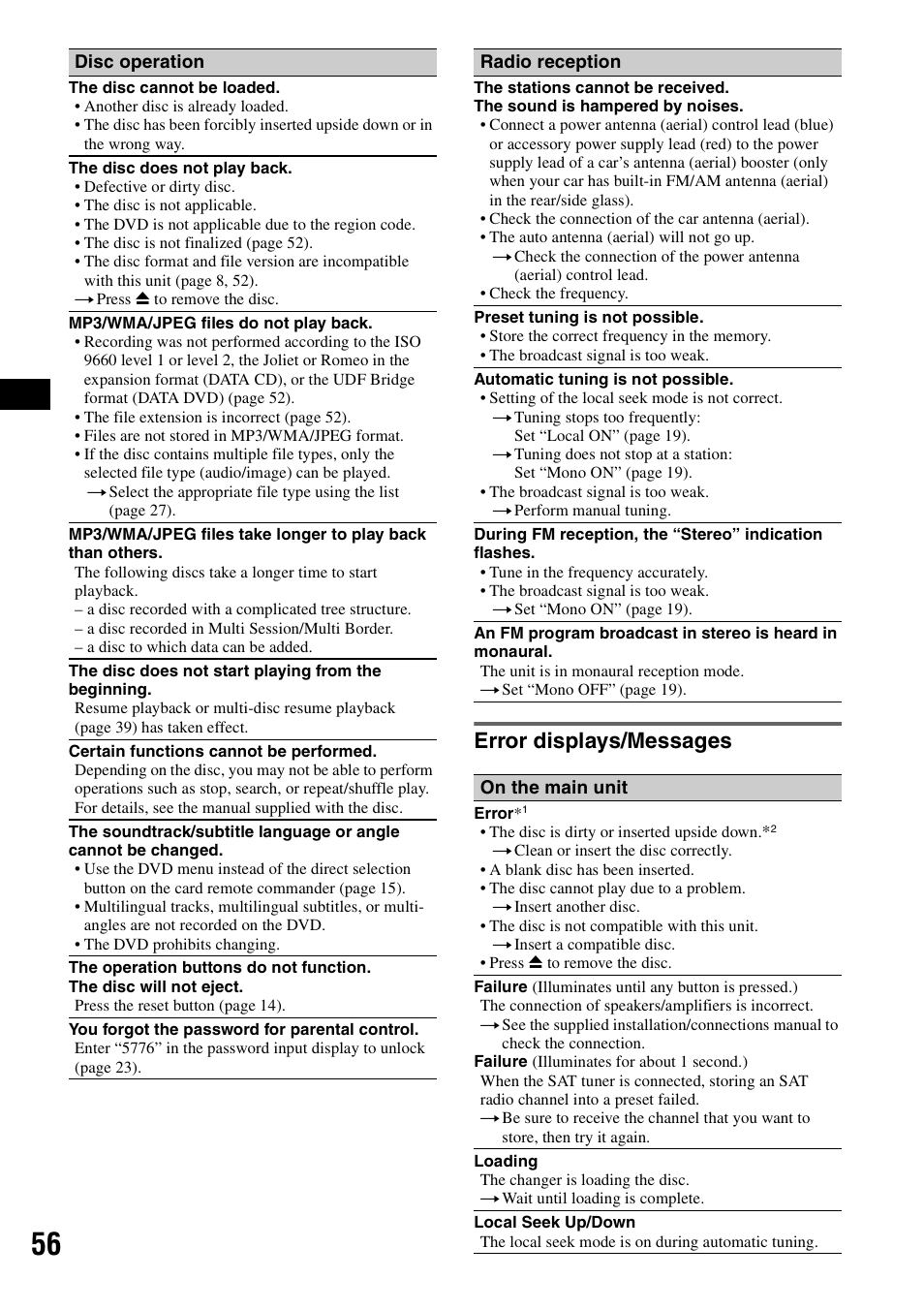 Error displays/messages | Sony XAV-W1 User Manual | Page 56 / 196
