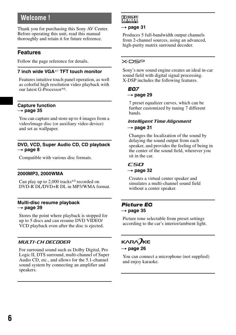 Welcome, Features | Sony XAV-W1 User Manual | Page 6 / 196