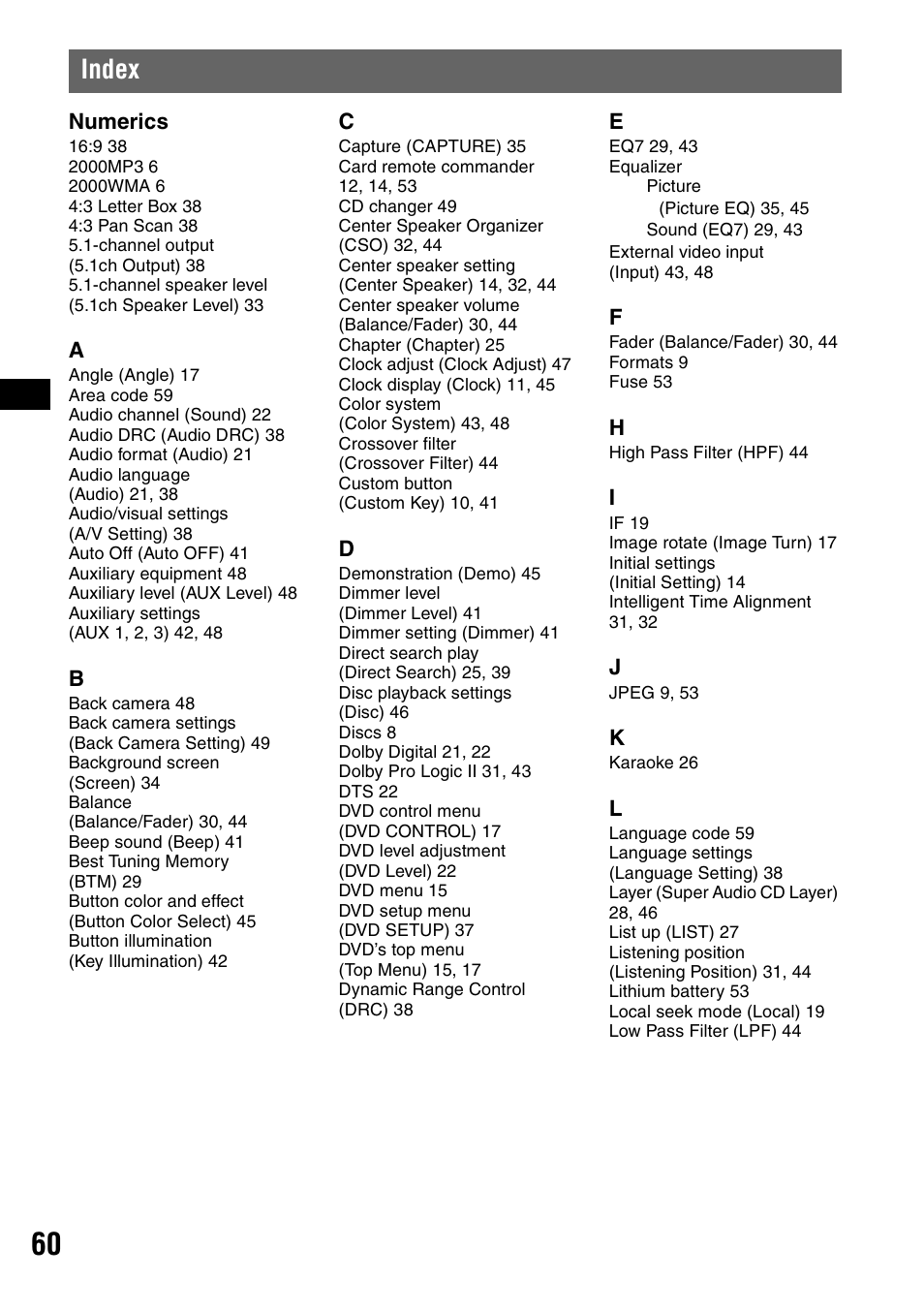 Index, Numerics | Sony XAV-W1 User Manual | Page 60 / 196