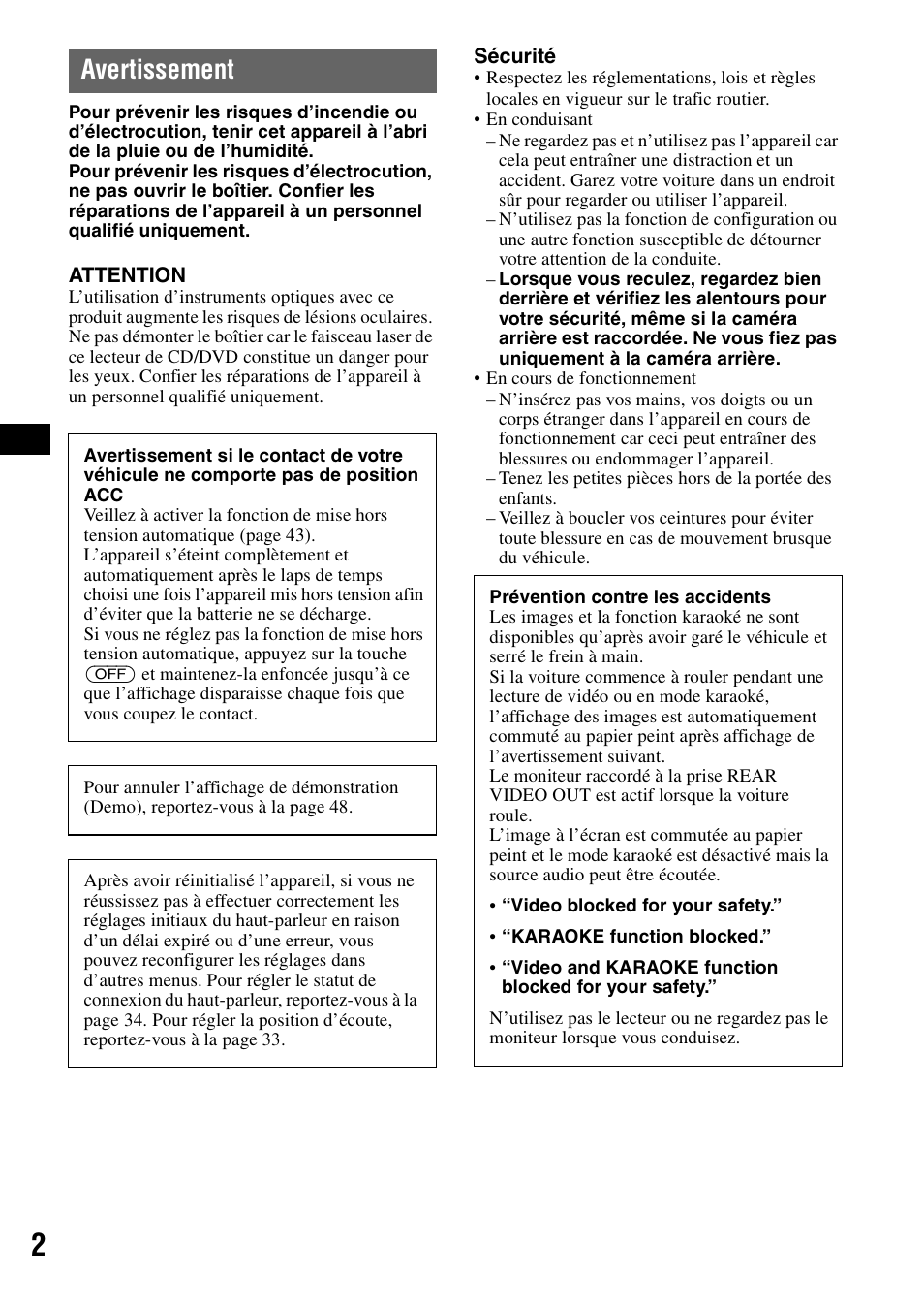 Avertissement | Sony XAV-W1 User Manual | Page 62 / 196