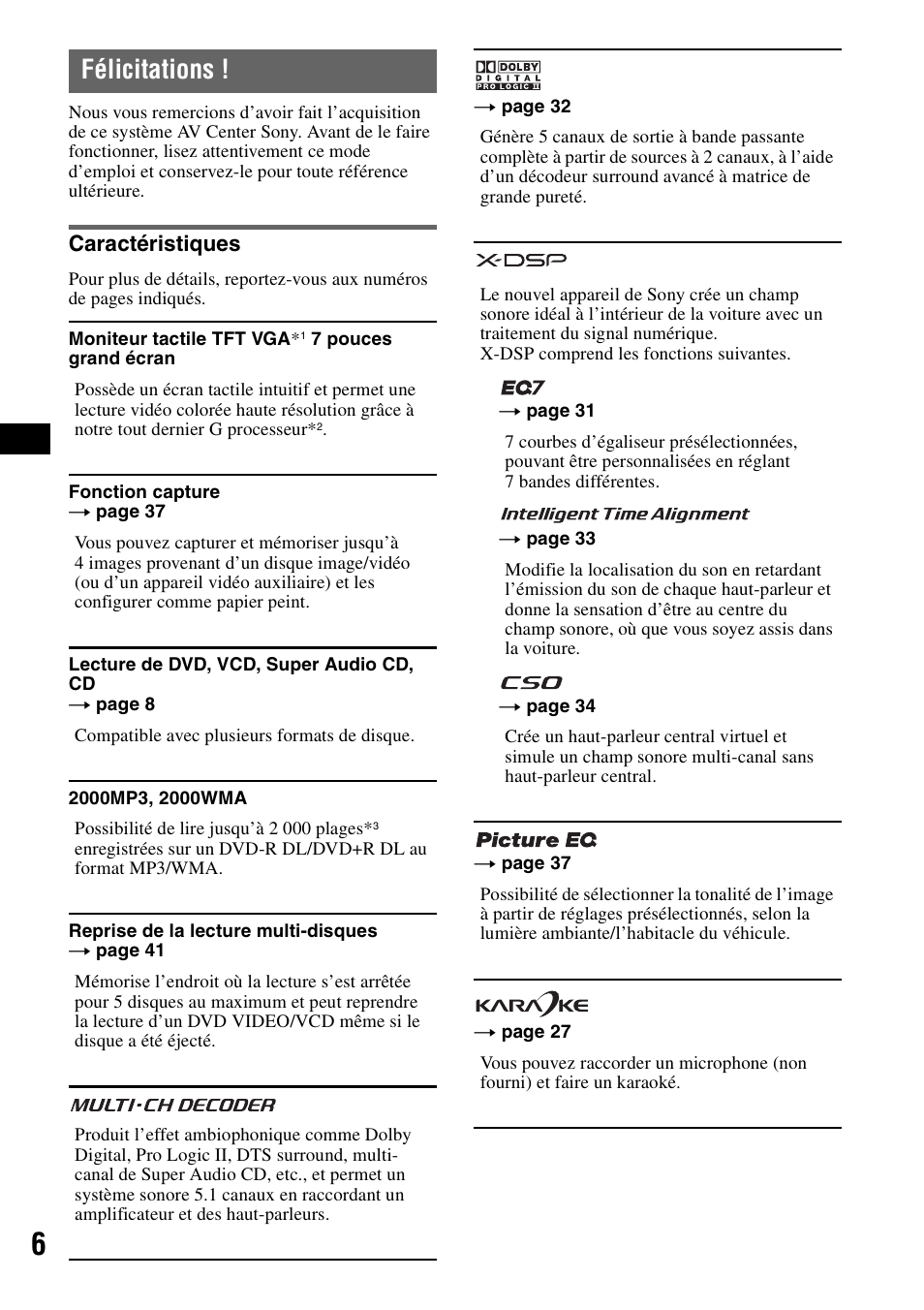 Félicitations, Caractéristiques | Sony XAV-W1 User Manual | Page 66 / 196