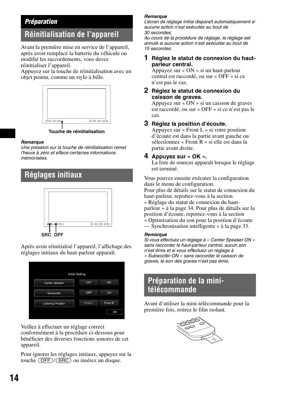 Préparation, Réinitialisation de l’appareil, Réglages initiaux | Préparation de la mini- télécommande, Préparation de la, Mini-télécommande | Sony XAV-W1 User Manual | Page 74 / 196