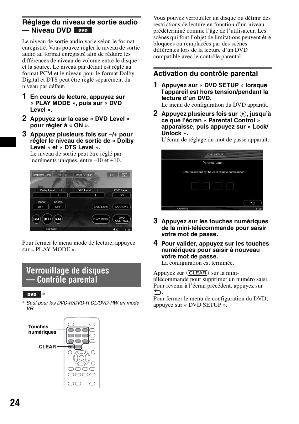 Réglage du niveau de sortie audio - niveau dvd, Verrouillage de disques - contrôle parental, Activation du contrôle parental | Réglage du niveau de sortie audio, Niveau dvd, Verrouillage de disques, Contrôle parental, Verrouillage de disques — contrôle parental | Sony XAV-W1 User Manual | Page 84 / 196