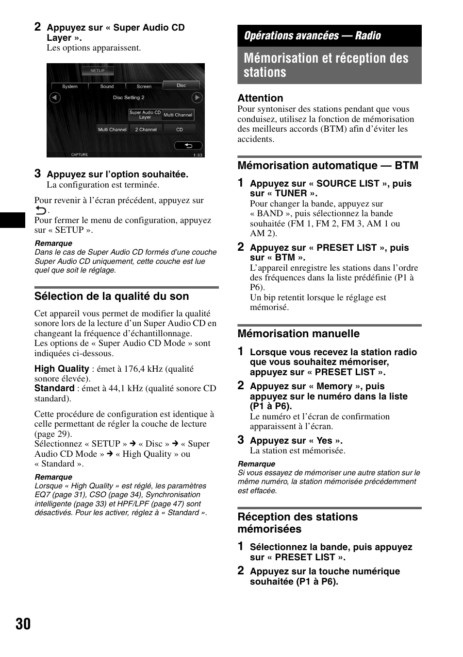 Sélection de la qualité du son, Opérations avancées - radio, Mémorisation et réception des stations | Mémorisation automatique - btm, Mémorisation manuelle, Réception des stations mémorisées, Opérations avancées — radio | Sony XAV-W1 User Manual | Page 90 / 196