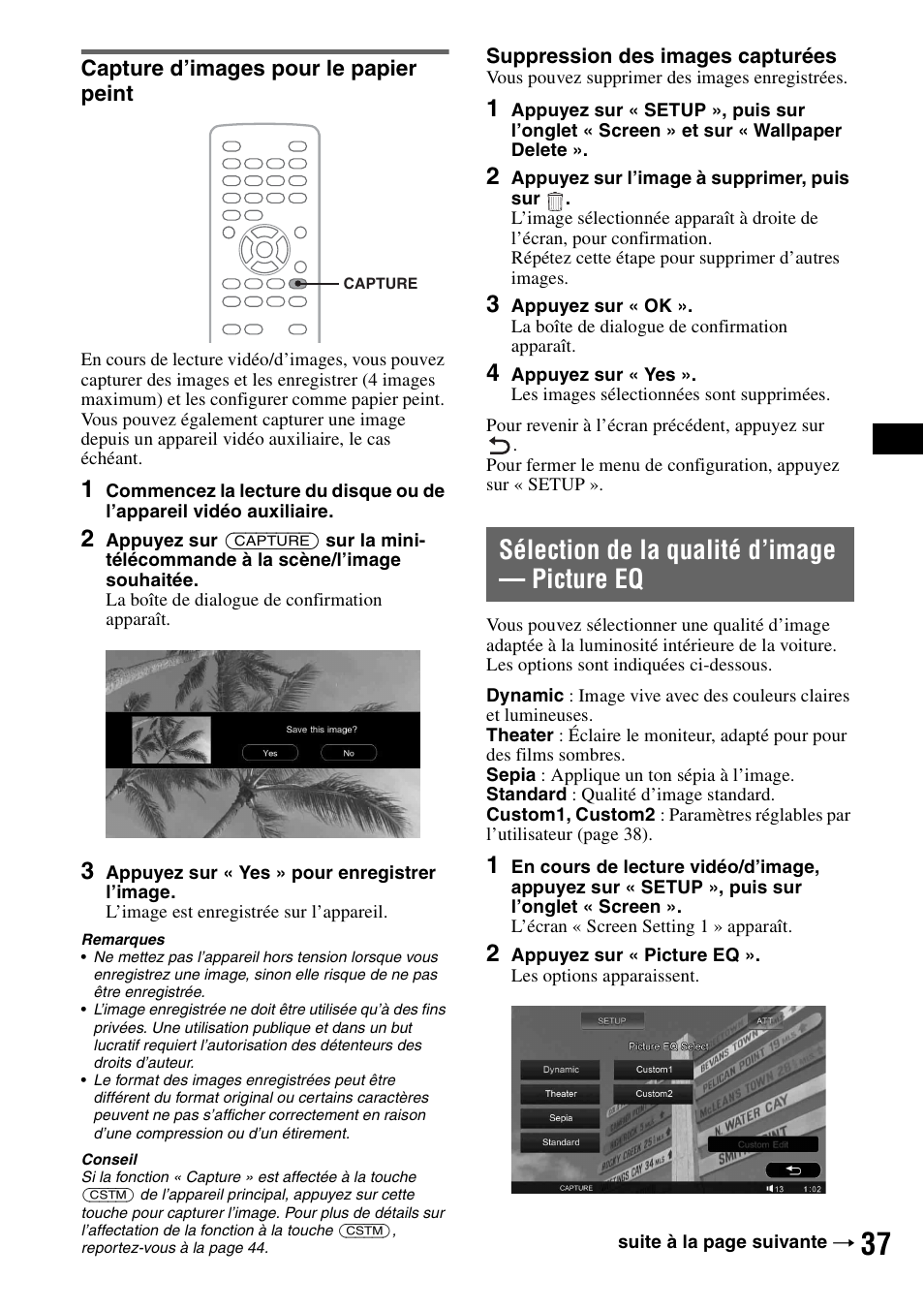 Capture d’images pour le papier peint, Sélection de la qualité d’image - picture eq, Sélection de la qualité d’image | Picture eq, Re 37, Sélection de la qualité d’image — picture eq | Sony XAV-W1 User Manual | Page 97 / 196