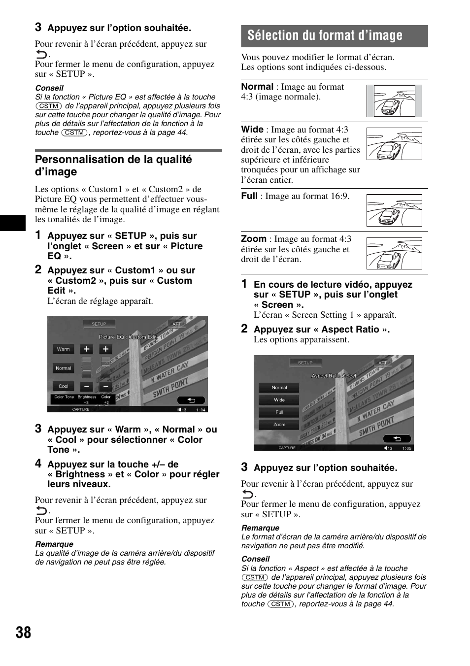 Personnalisation de la qualité d’image, Sélection du format d’image | Sony XAV-W1 User Manual | Page 98 / 196