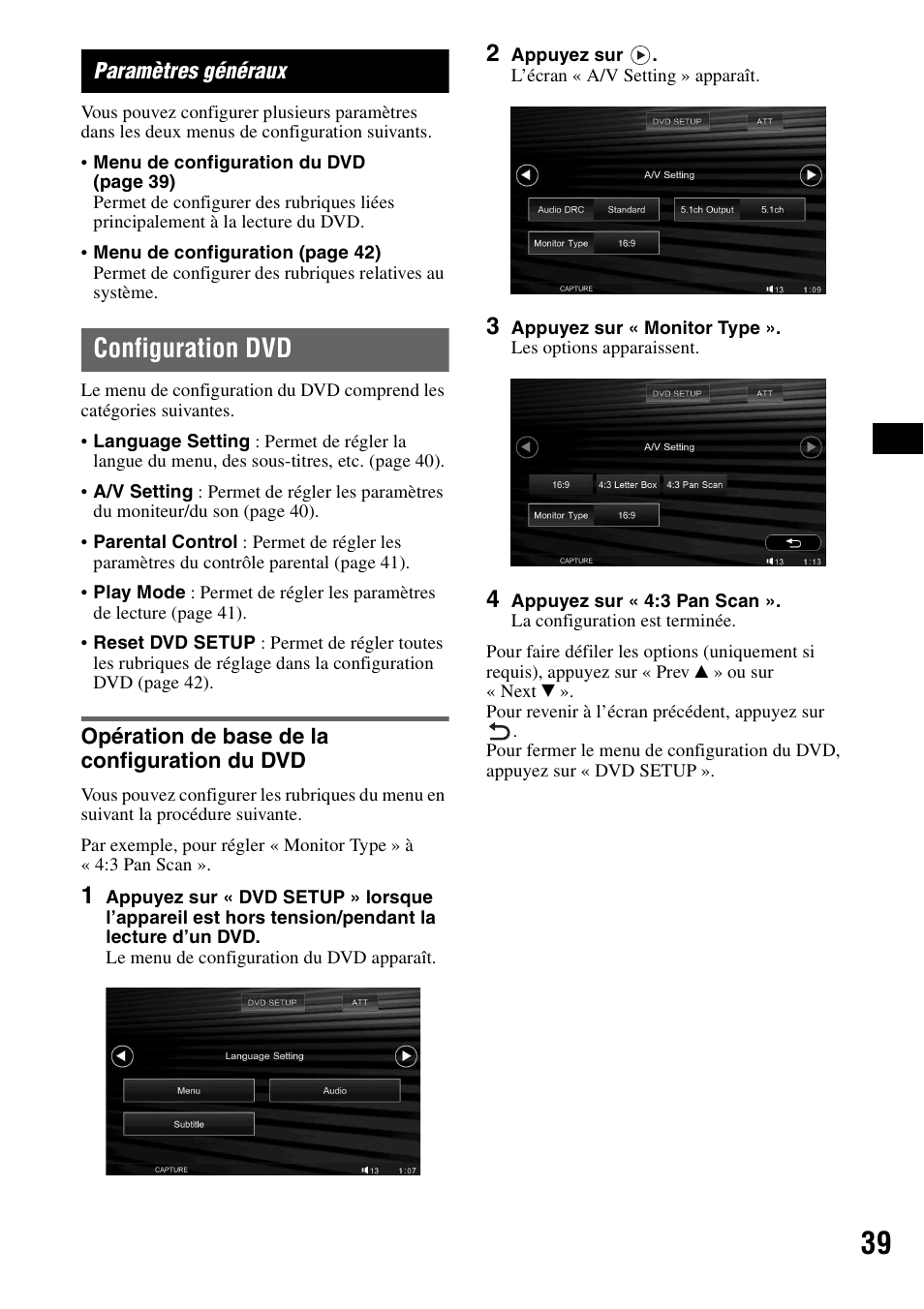 Paramètres généraux, Configuration dvd, Opération de base de la configuration du dvd | Opération de base de la configuration du | Sony XAV-W1 User Manual | Page 99 / 196