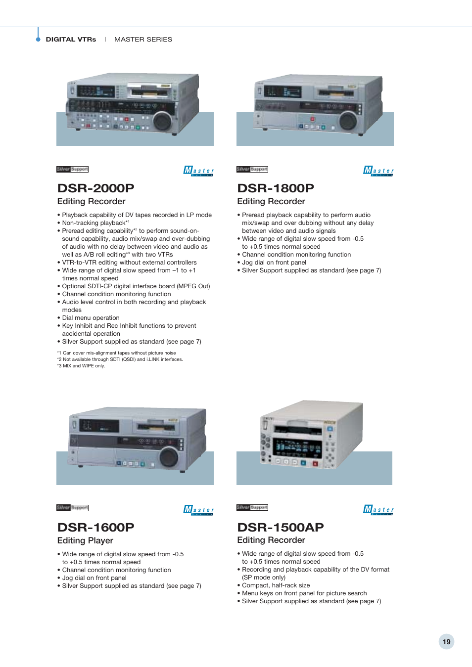 Dsr-2000p, Dsr-1800p, Dsr-1600p | Dsr-1500ap, Editing recorder, Editing player | Sony 798 MHz to 822 MHz User Manual | Page 19 / 48