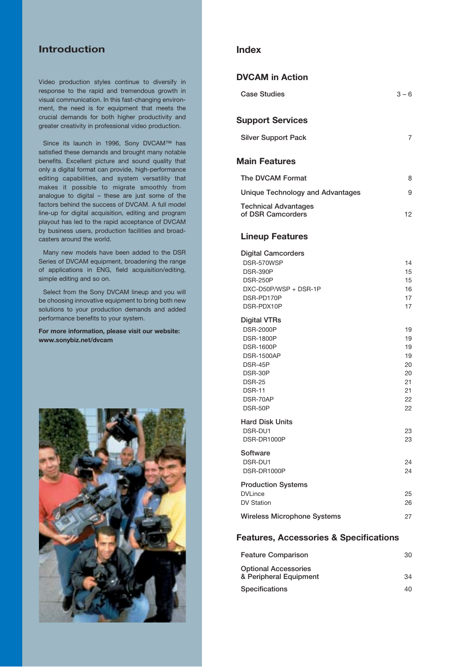 Introduction, Index, Dvcam in action | Support services, Main features, Lineup features, Features, accessories & speciﬁcations | Sony 798 MHz to 822 MHz User Manual | Page 2 / 48