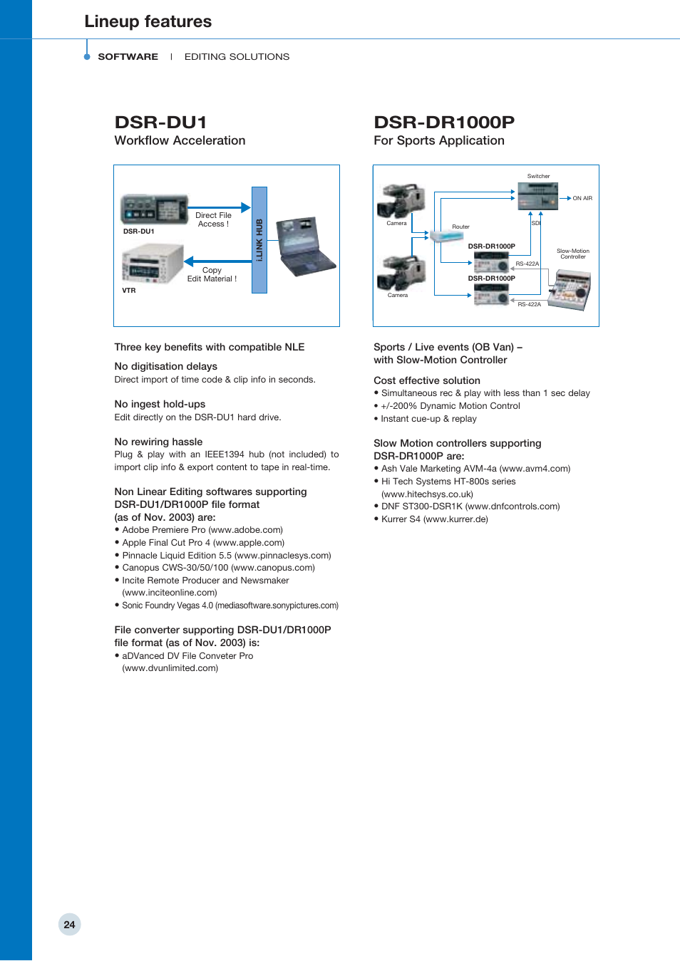 Lineup features, Dsr-du1, Dsr-dr1000p | Workﬂow acceleration, For sports application | Sony 798 MHz to 822 MHz User Manual | Page 24 / 48