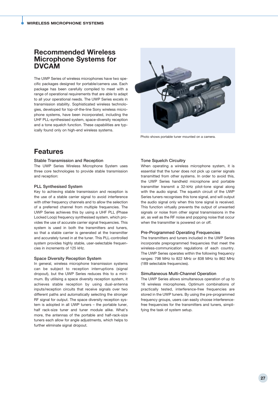 Recommended wireless microphone systems for dvcam, Features | Sony 798 MHz to 822 MHz User Manual | Page 27 / 48