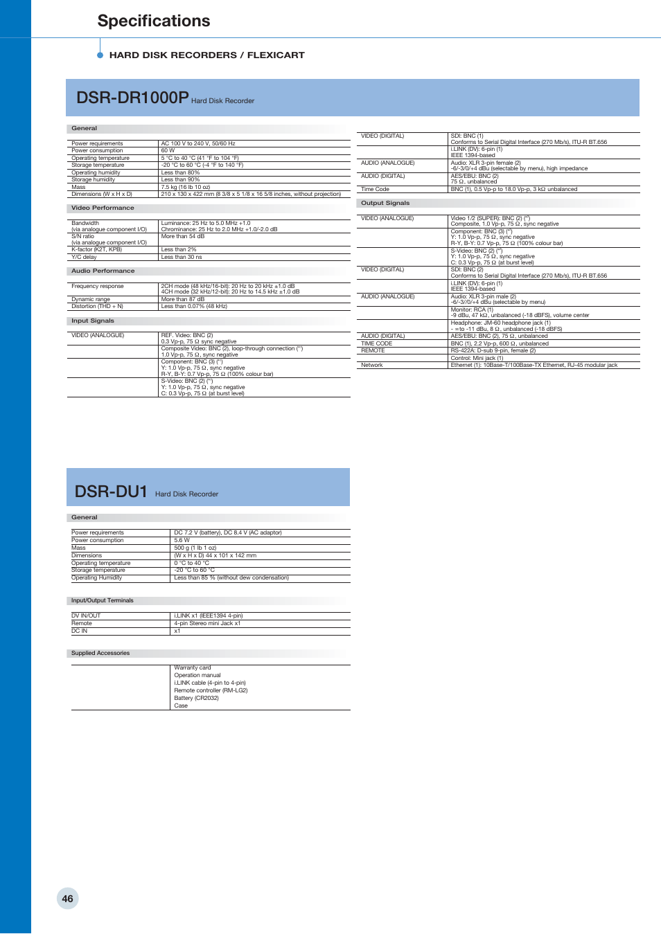 Speciﬁcations, Dsr-dr1000p, Dsr-du1 | Hard disk recorders / flexicart | Sony 798 MHz to 822 MHz User Manual | Page 46 / 48