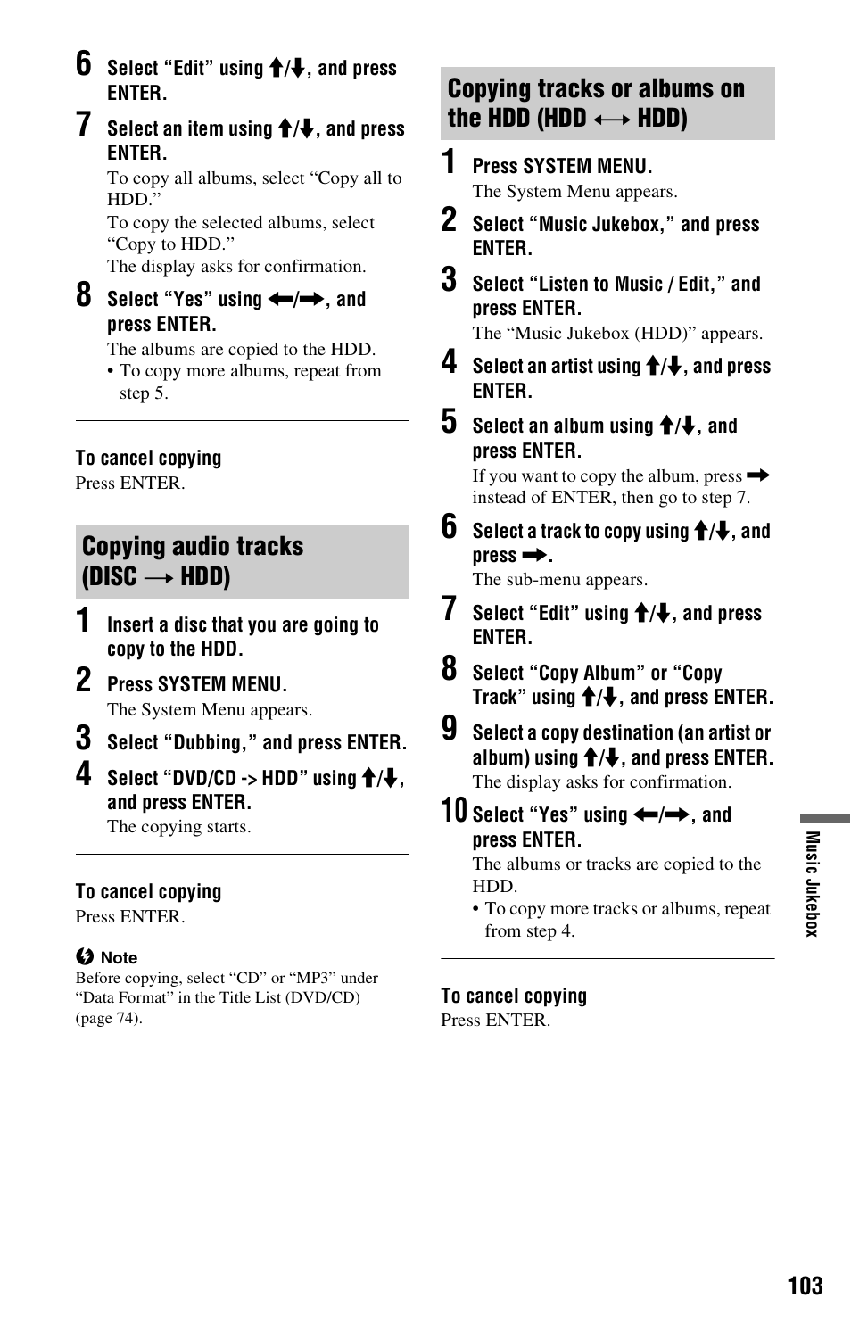 Copying audio tracks (disc t hdd), Copying tracks or albums on the hdd (hdd y hdd), Copying audio tracks (disc | T hdd), Copying tracks or albums on the hdd (hdd, Y hdd) | Sony RDR-HXD790 User Manual | Page 103 / 168