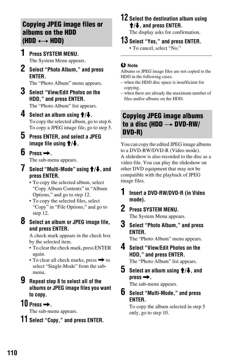 Copying jpeg image files or albums on the hdd, Y hdd), Copying jpeg image albums to a disc | T dvd-rw/dvd-r) | Sony RDR-HXD790 User Manual | Page 110 / 168