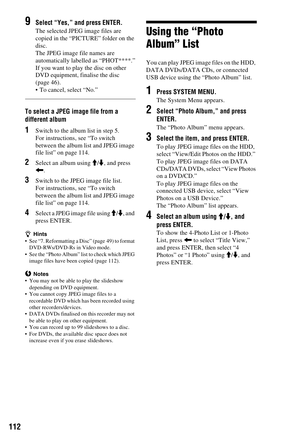 Using the “photo album” list | Sony RDR-HXD790 User Manual | Page 112 / 168