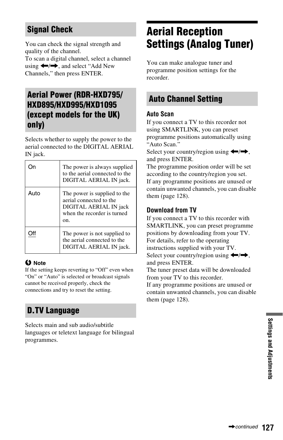 Aerial reception settings (analog tuner), D.tv language auto channel setting | Sony RDR-HXD790 User Manual | Page 127 / 168