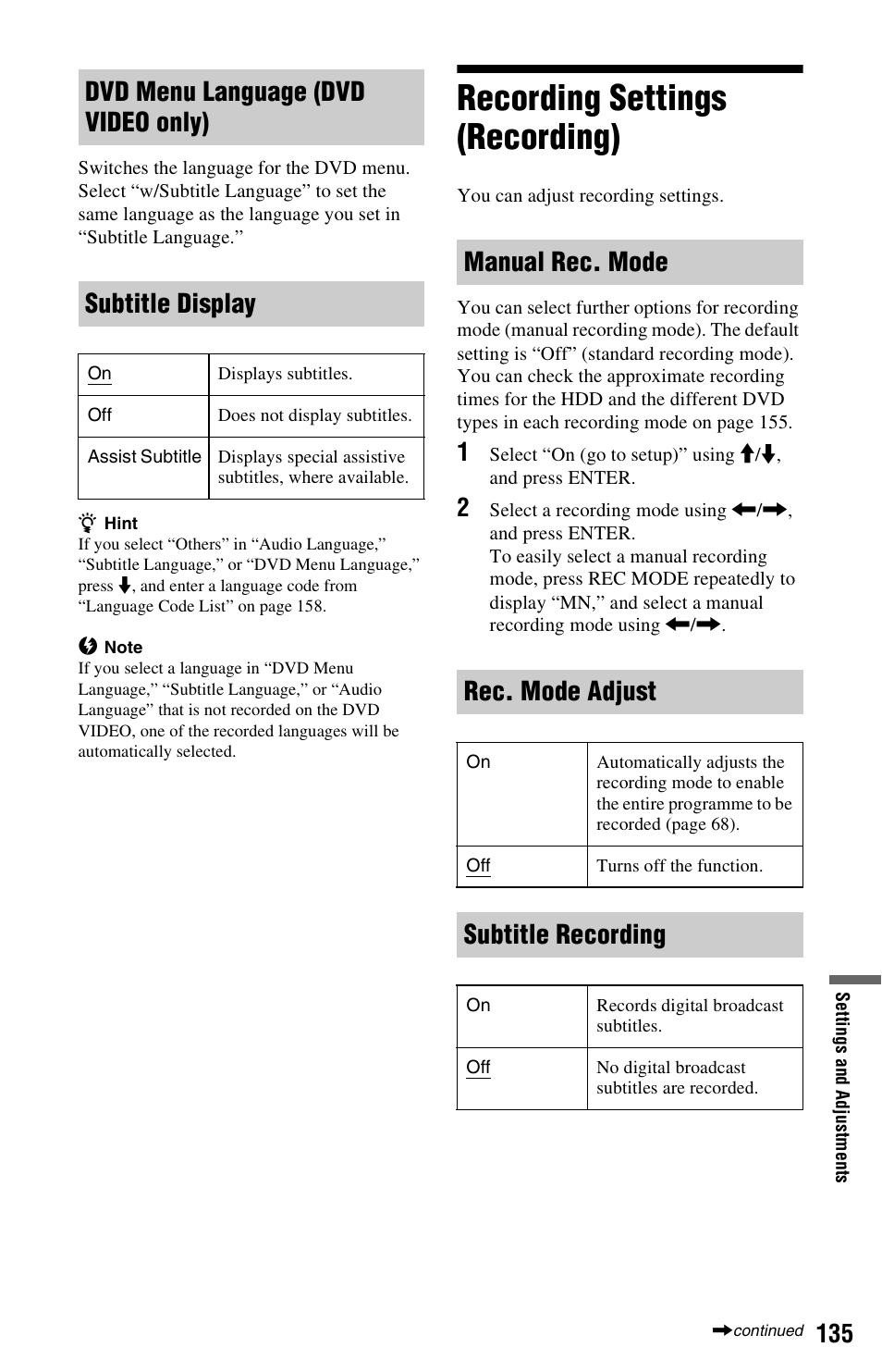 Recording settings (recording), Manual rec. mode rec. mode adjust, Subtitle recording | Sony RDR-HXD790 User Manual | Page 135 / 168