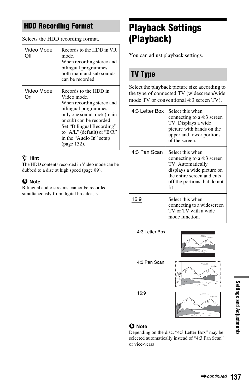 Playback settings (playback), Hdd recording format, Tv type | Sony RDR-HXD790 User Manual | Page 137 / 168