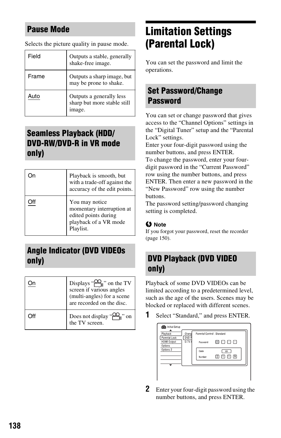 Limitation settings (parental lock), Pause mode, Angle indicator (dvd videos only) | Sony RDR-HXD790 User Manual | Page 138 / 168