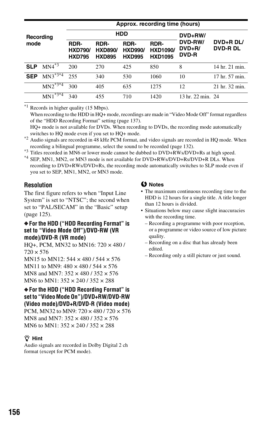 Resolution | Sony RDR-HXD790 User Manual | Page 156 / 168