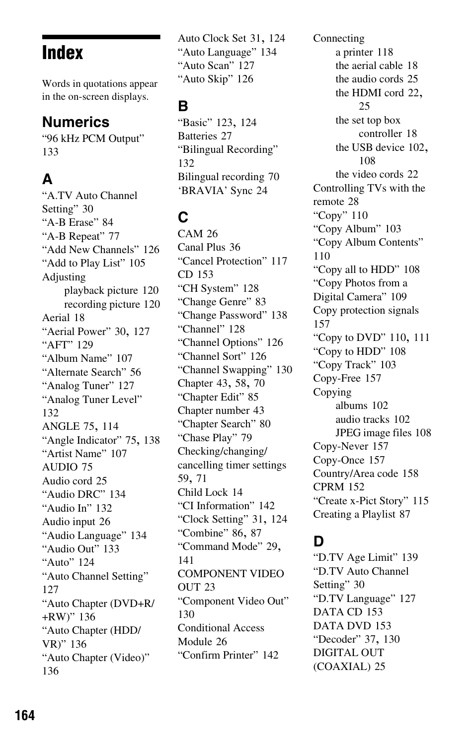 Index, Numerics | Sony RDR-HXD790 User Manual | Page 164 / 168