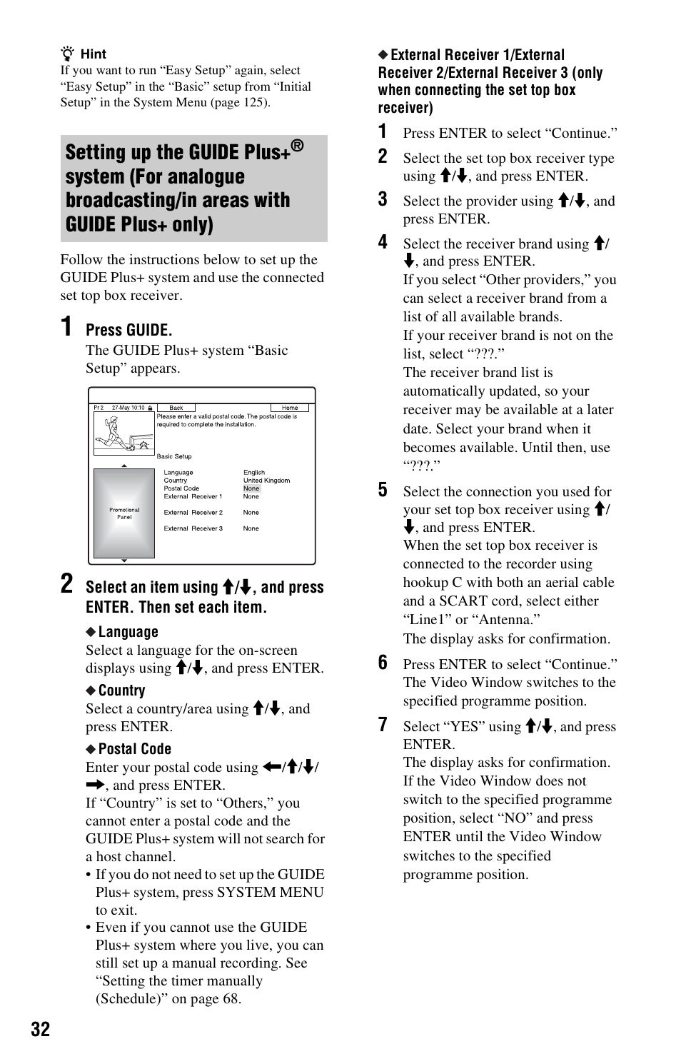 Setting up the guide plus, System (for analogue broadcasting, In areas with guide plus+ only) | Sony RDR-HXD790 User Manual | Page 32 / 168