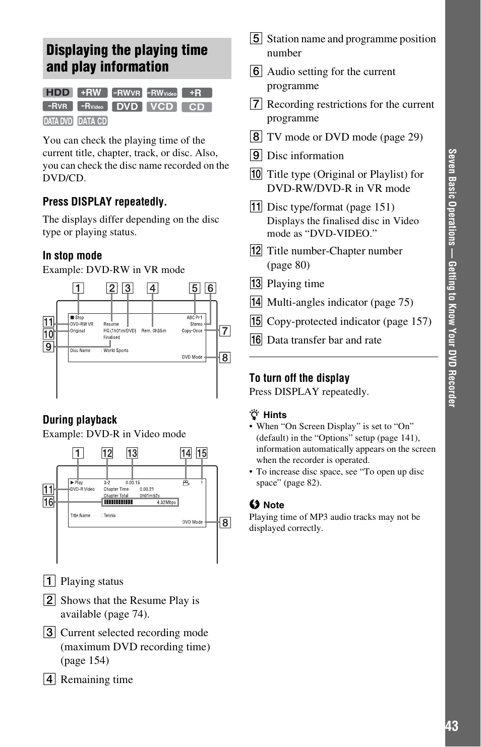 Displaying the playing time and play information, Display | Sony RDR-HXD790 User Manual | Page 43 / 168