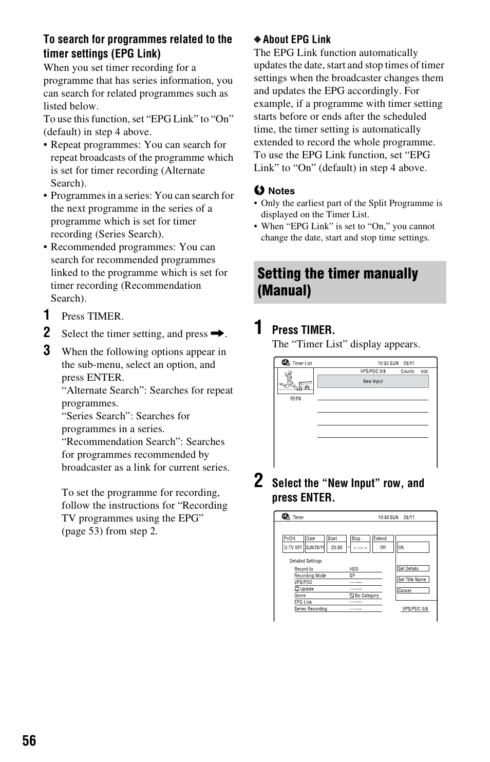 Setting the timer manually (manual) | Sony RDR-HXD790 User Manual | Page 56 / 168