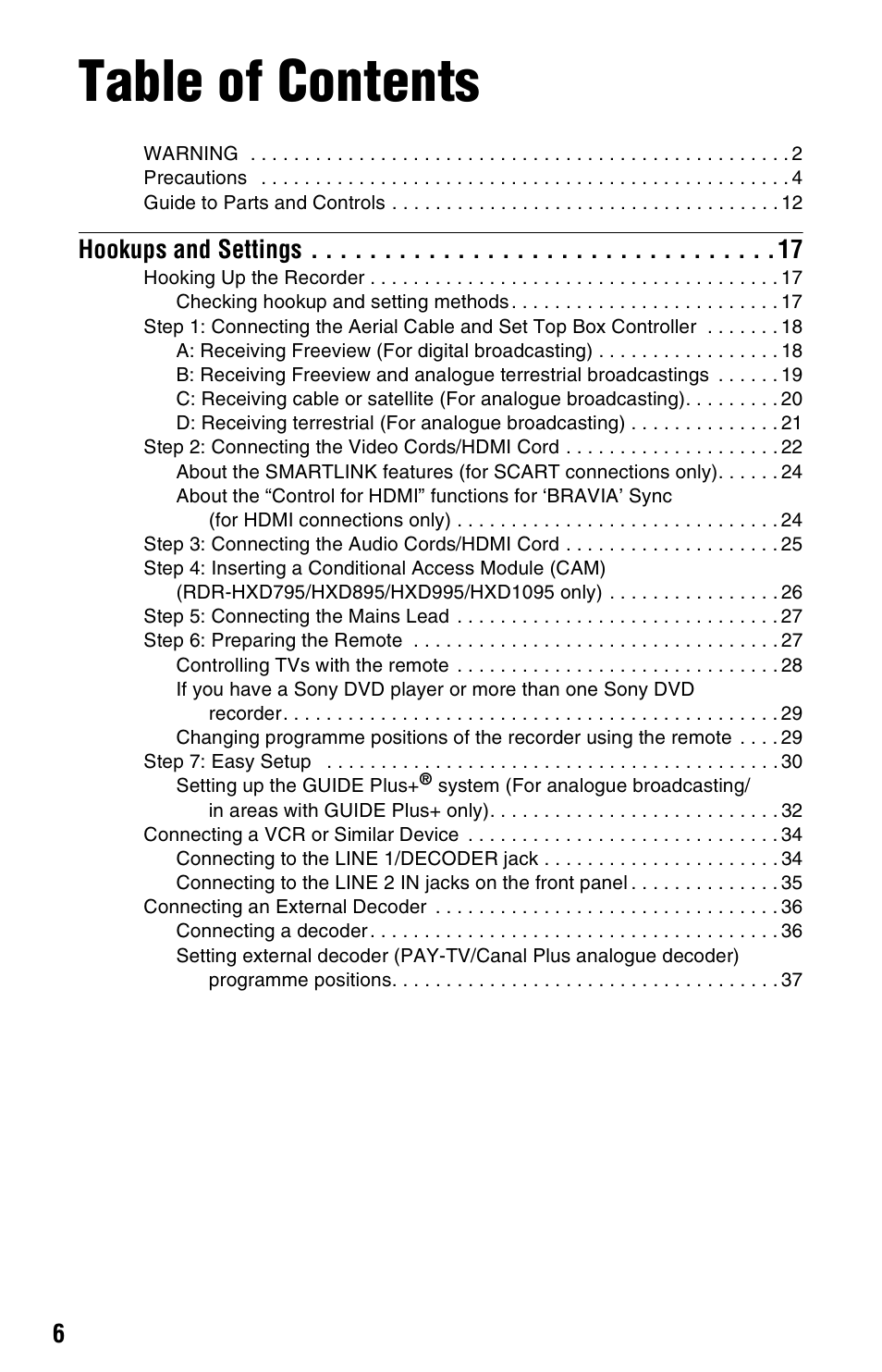 Sony RDR-HXD790 User Manual | Page 6 / 168