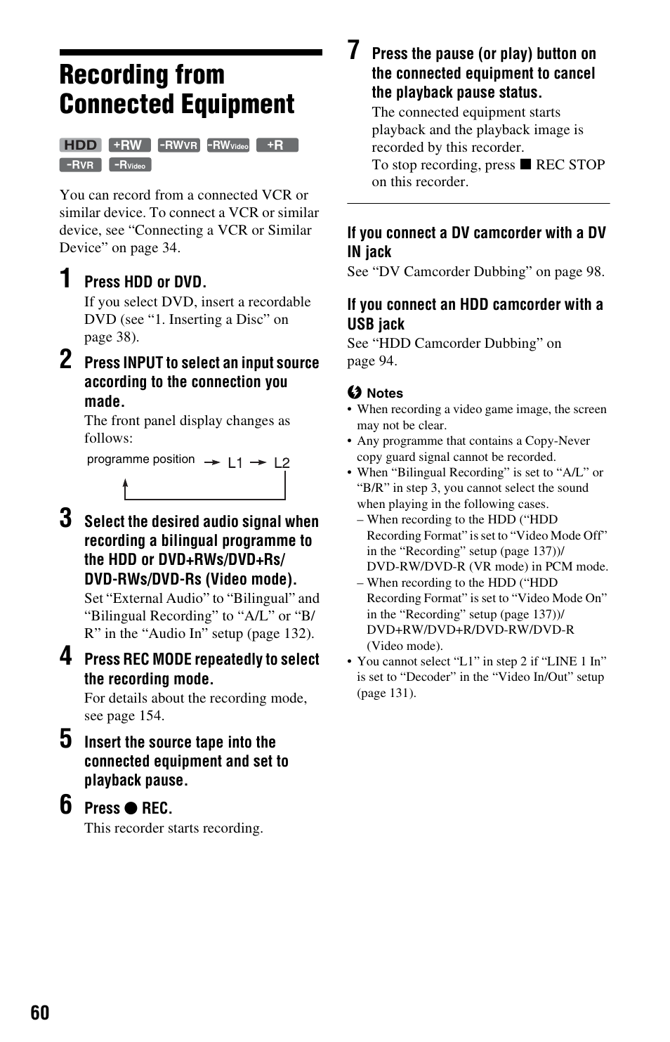 Recording from connected equipment, Ct) (60, 7 | Sony RDR-HXD790 User Manual | Page 60 / 168