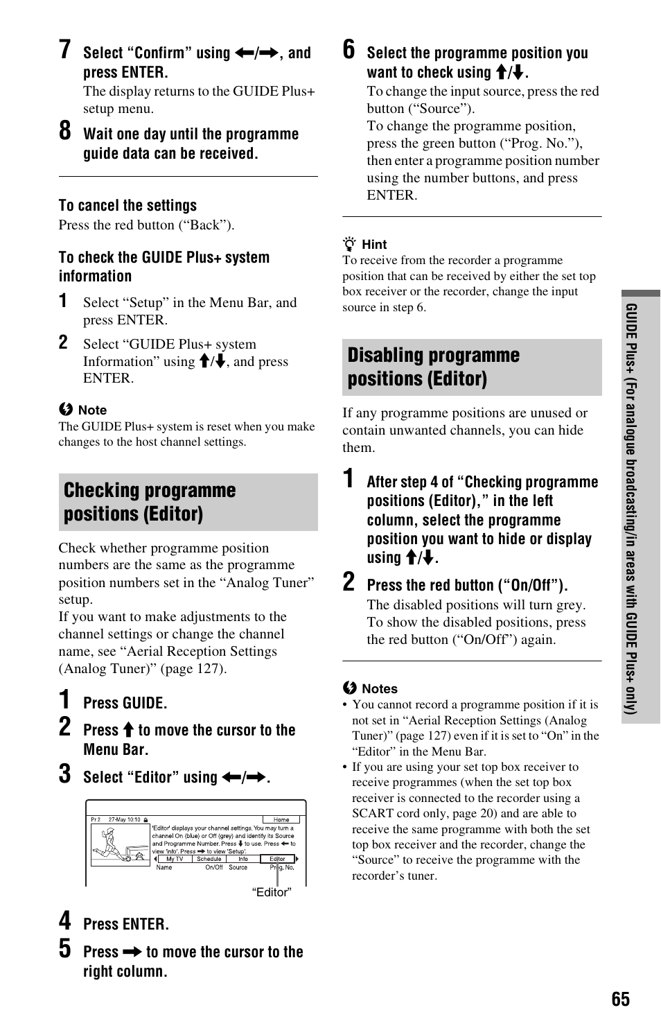 Checking programme positions (editor), Disabling programme positions (editor), Cast | Sony RDR-HXD790 User Manual | Page 65 / 168