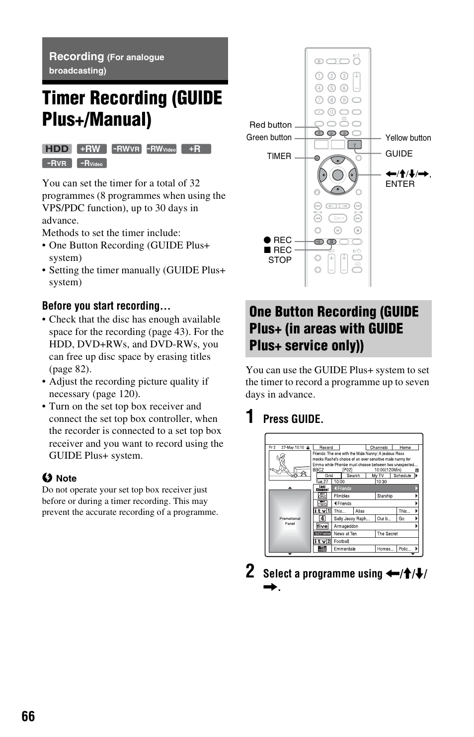 Recording (for analogue broadcasting), Timer recording (guide plus+/manual), Service only)) | Logu | Sony RDR-HXD790 User Manual | Page 66 / 168