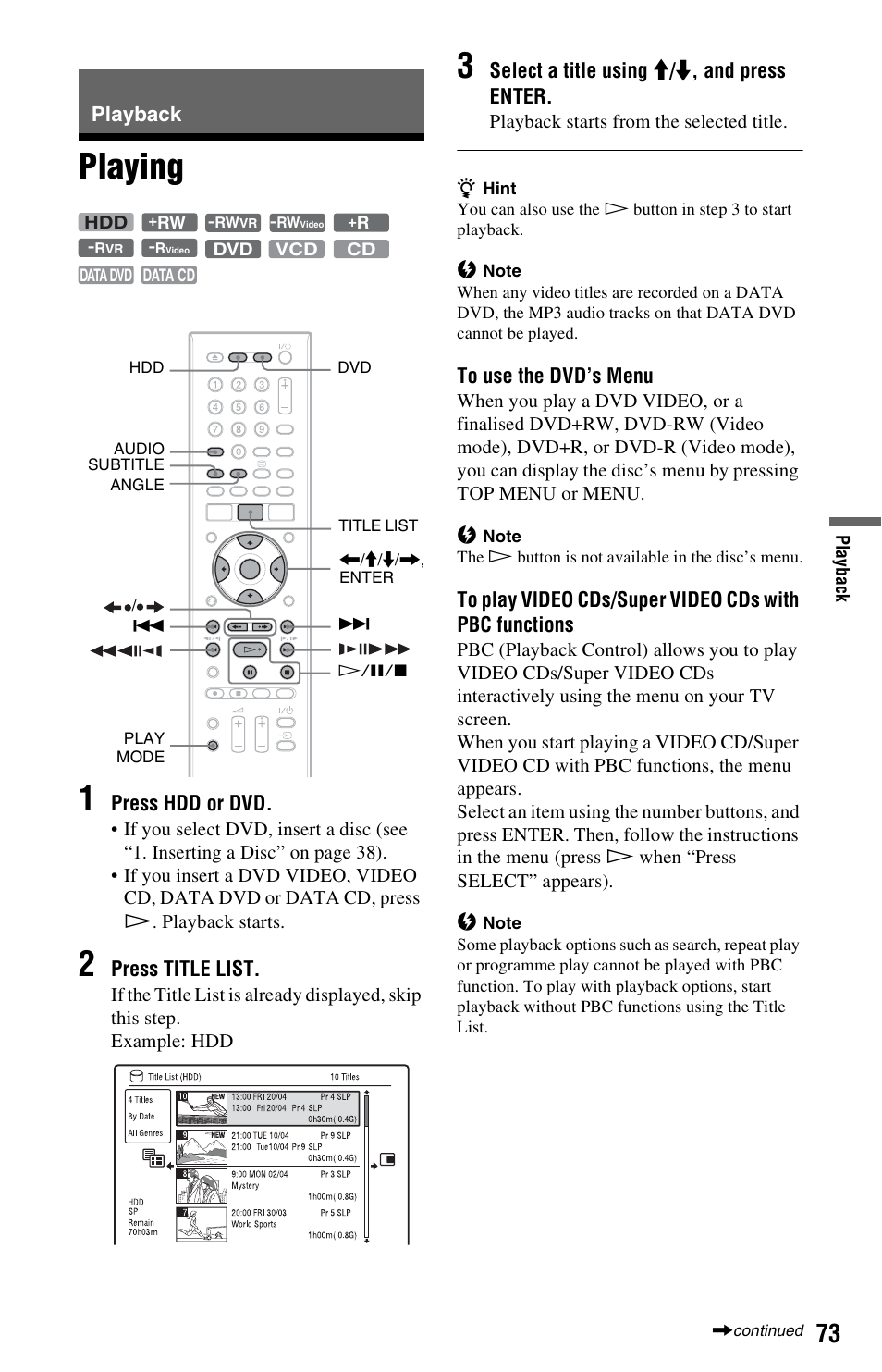 Playback, Playing, Nu (73) | Playing 1 | Sony RDR-HXD790 User Manual | Page 73 / 168