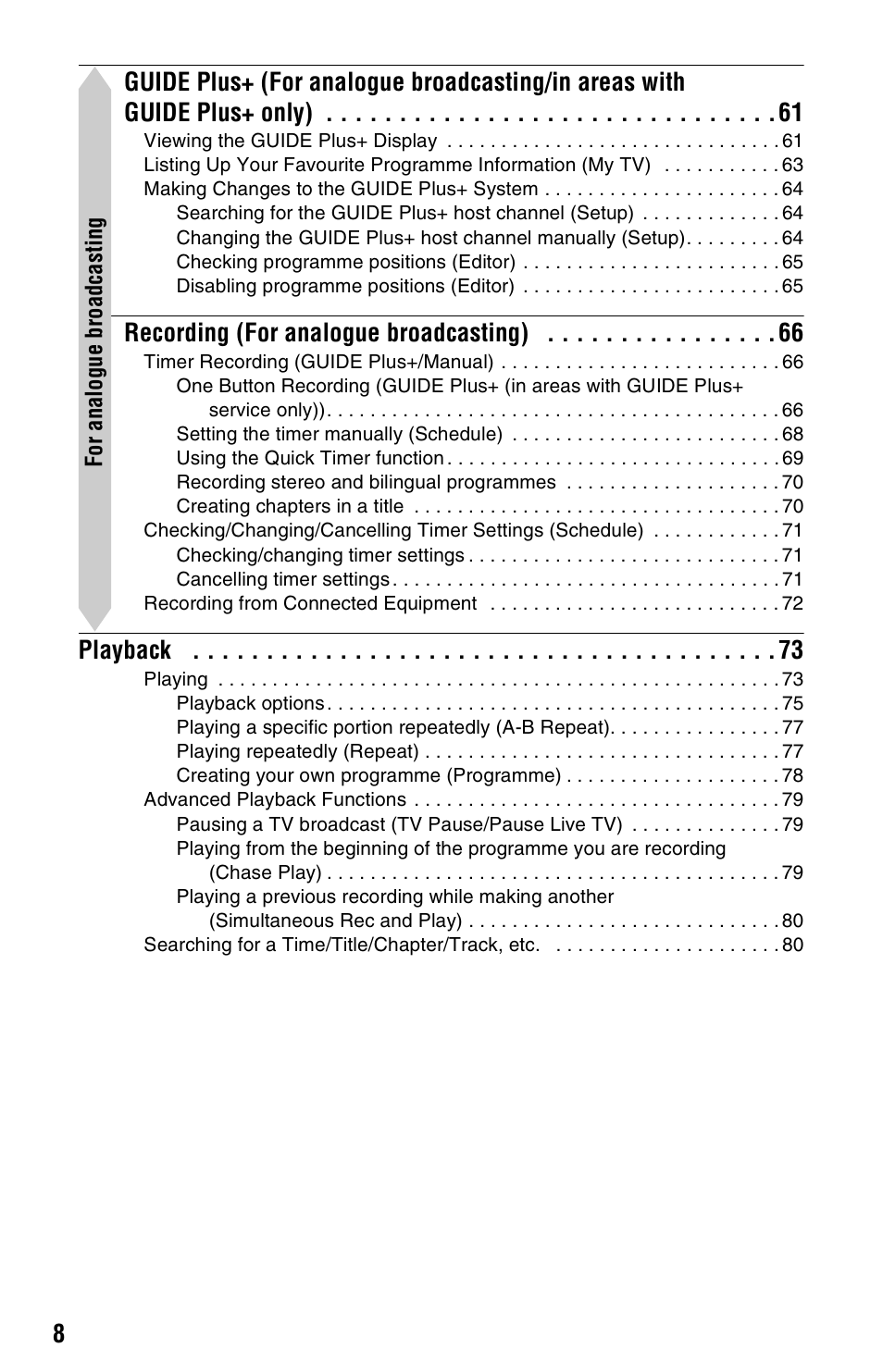 Recording (for analogue broadcasting), Playback | Sony RDR-HXD790 User Manual | Page 8 / 168