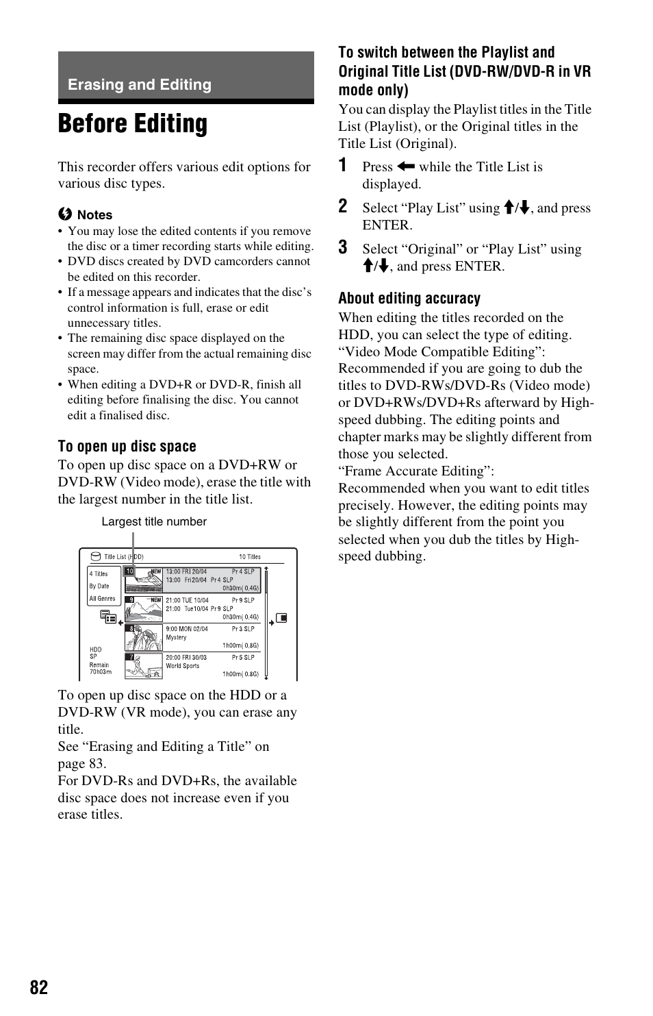 Erasing and editing, Before editing, Ee “to open up disc | Sony RDR-HXD790 User Manual | Page 82 / 168