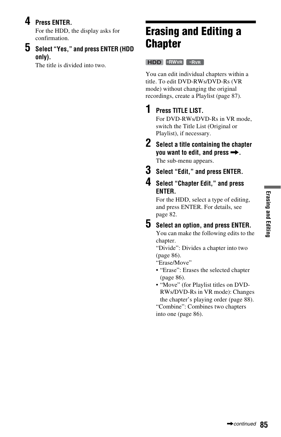 Erasing and editing a chapter | Sony RDR-HXD790 User Manual | Page 85 / 168