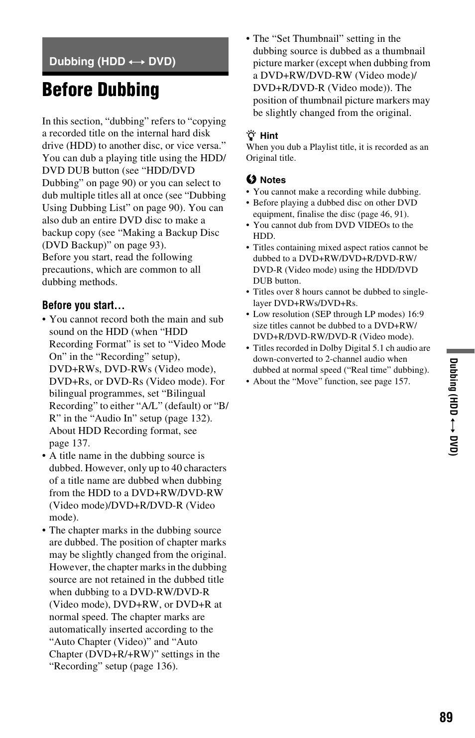 Dubbing (hdd y dvd), Before dubbing | Sony RDR-HXD790 User Manual | Page 89 / 168