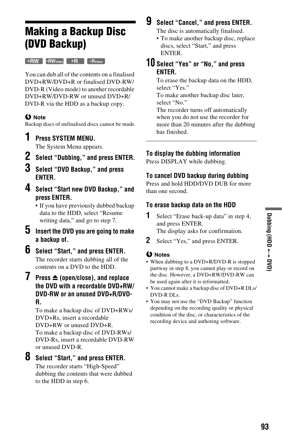 Making a backup disc (dvd backup) | Sony RDR-HXD790 User Manual | Page 93 / 168