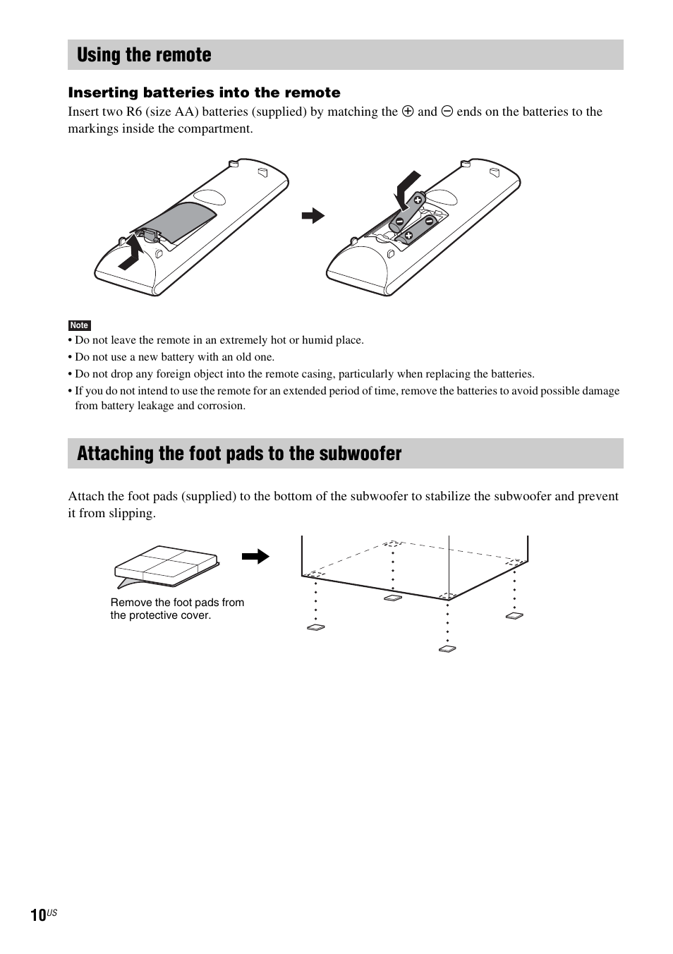 Using the remote, Attaching the foot pads to the subwoofer | Sony BDV-T10 User Manual | Page 10 / 119