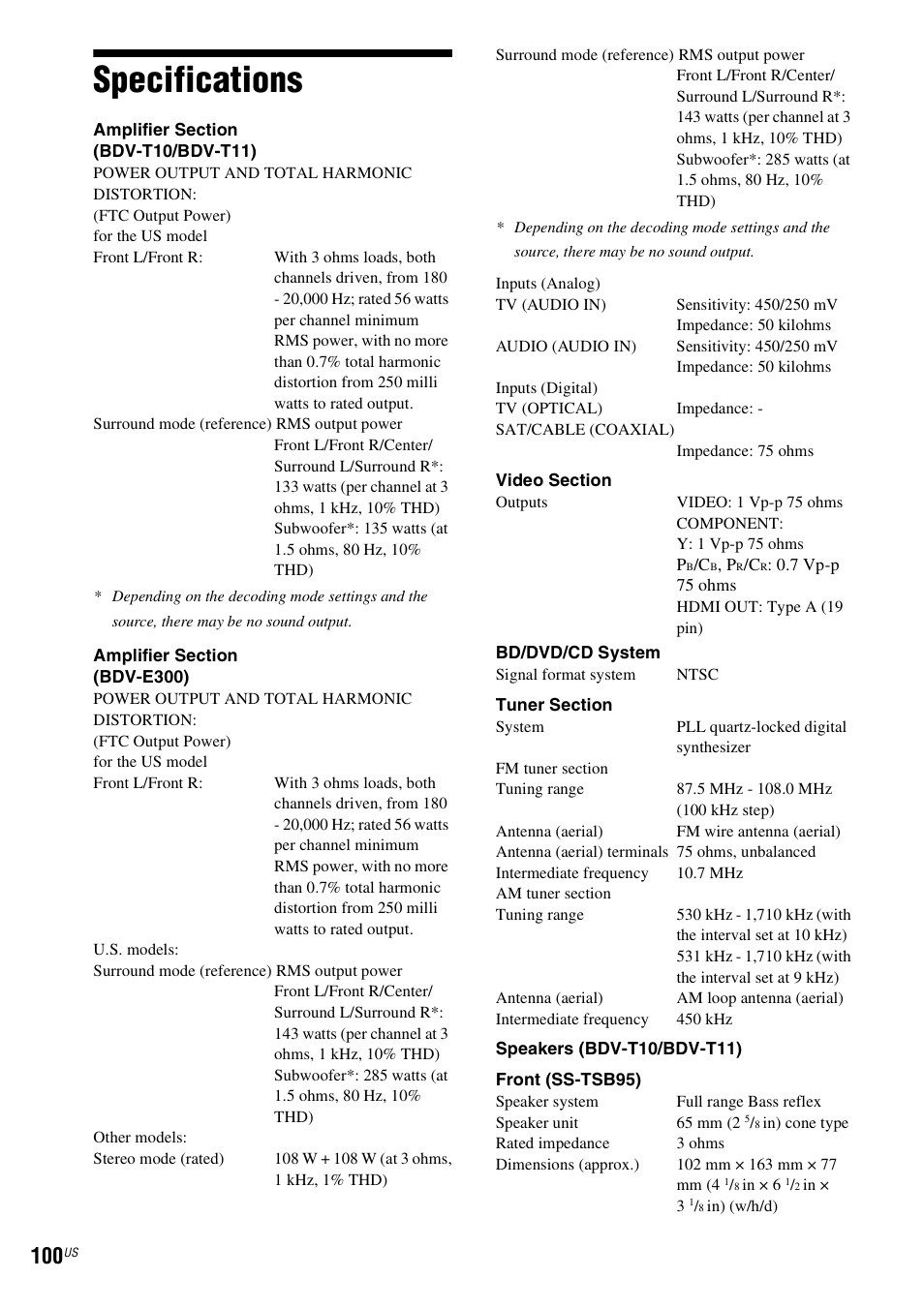 Specifications | Sony BDV-T10 User Manual | Page 100 / 119