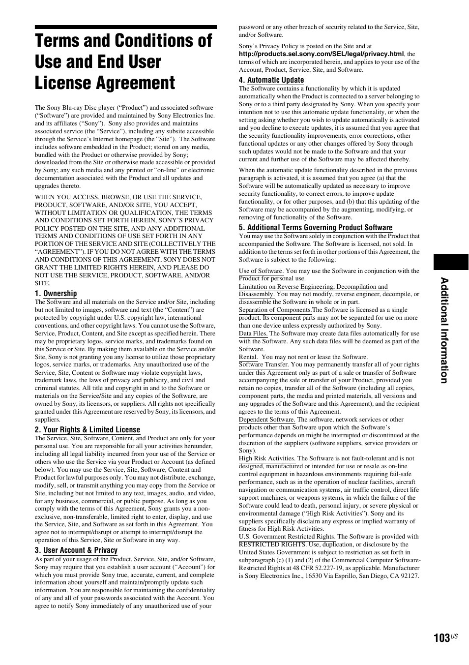 Terms and conditions of use and end, User license agreement | Sony BDV-T10 User Manual | Page 103 / 119