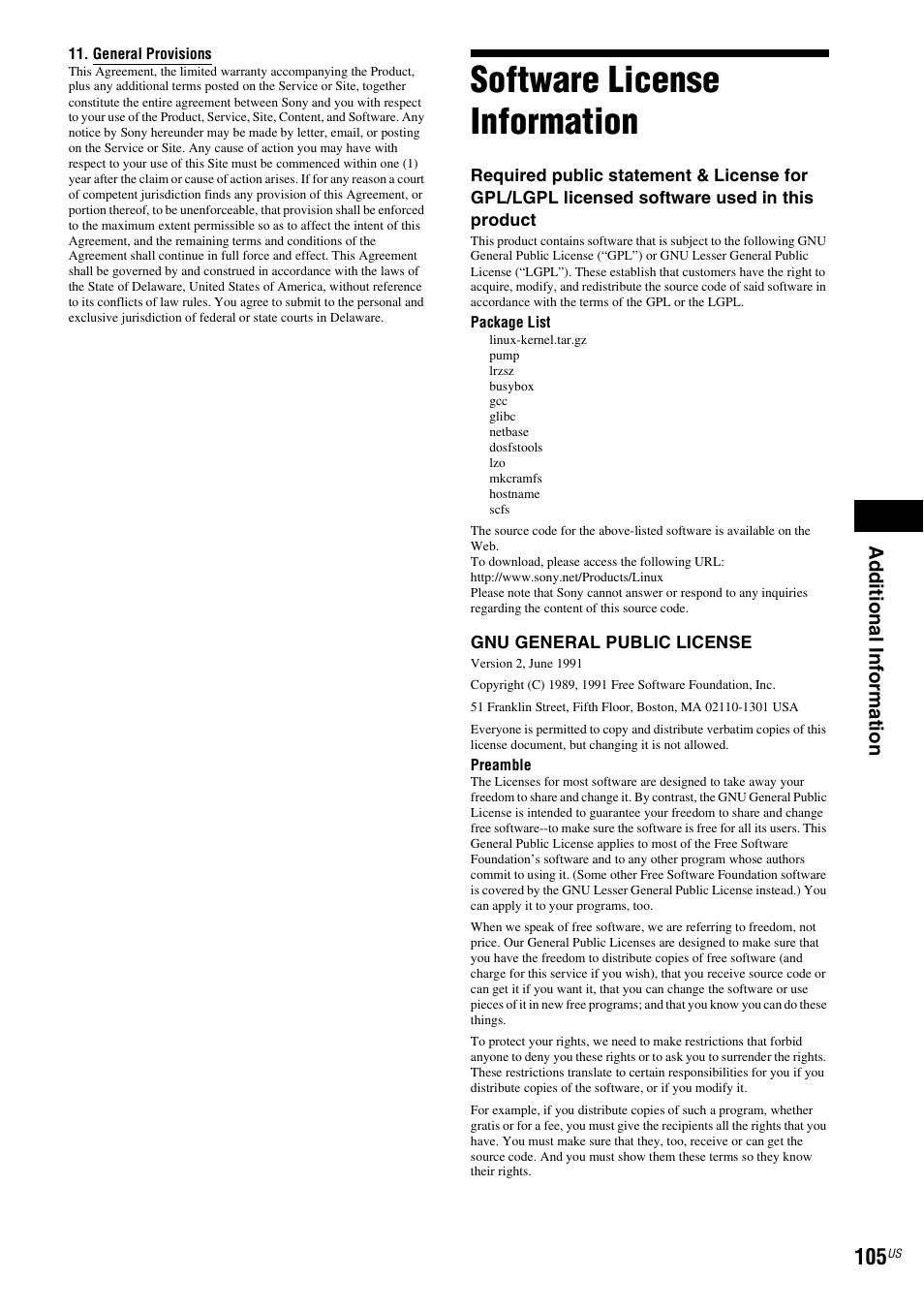 Software license information | Sony BDV-T10 User Manual | Page 105 / 119