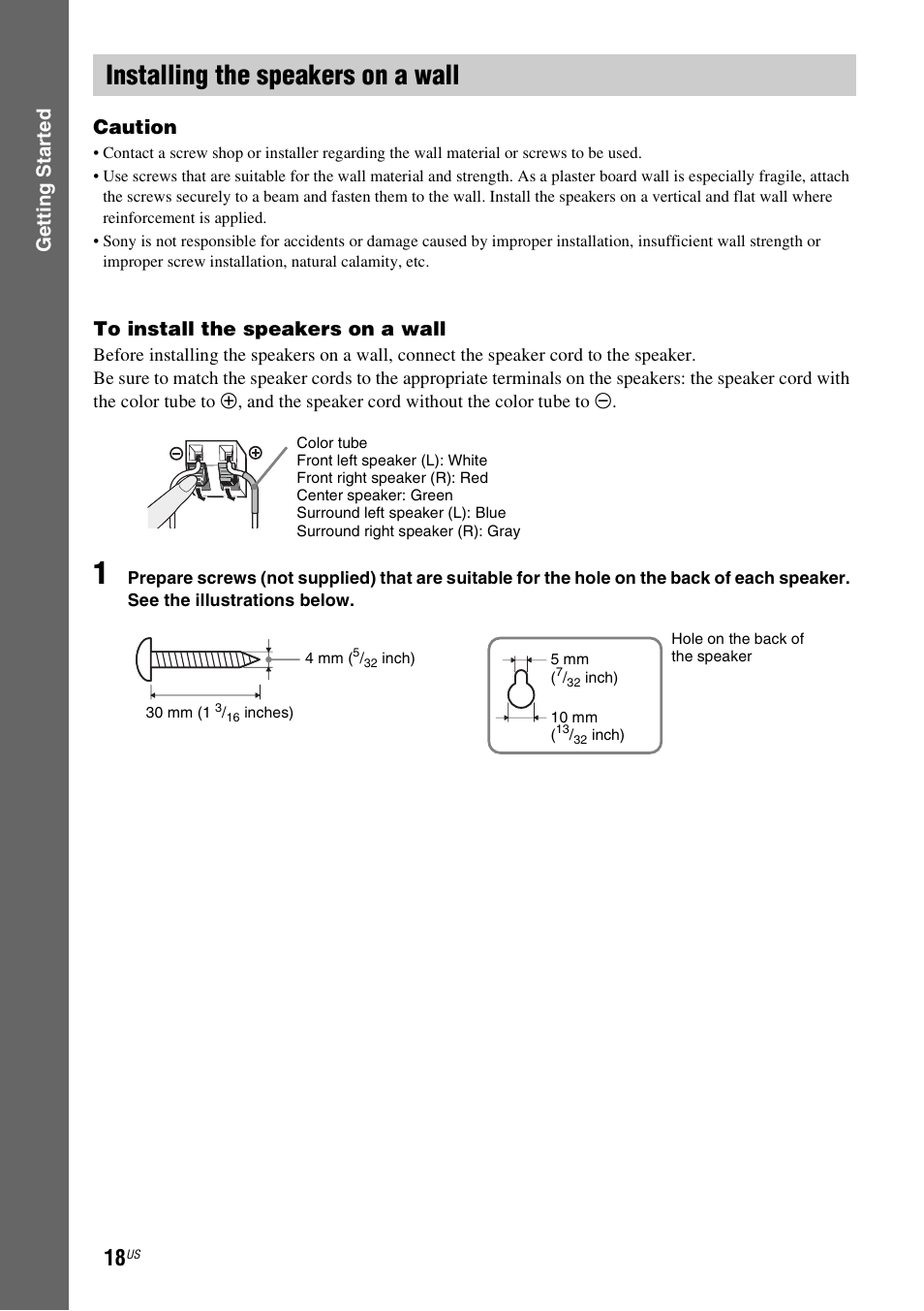 Installing the speakers on a wall, Gettin g star ted caution | Sony BDV-T10 User Manual | Page 18 / 119