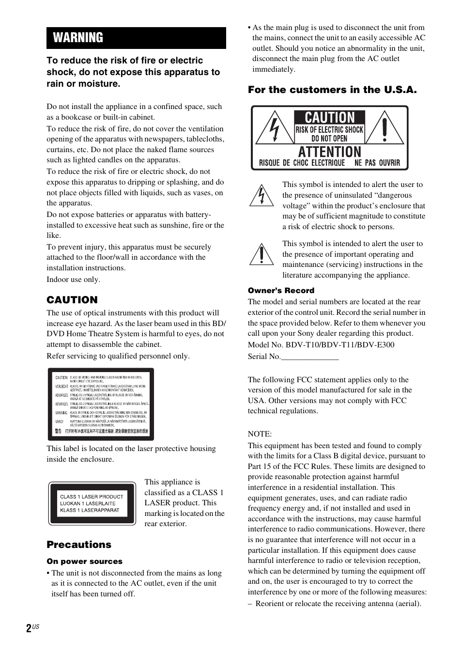Warning | Sony BDV-T10 User Manual | Page 2 / 119